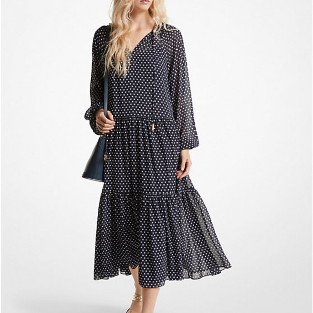 Michael Kors Navy Polka Dot Long Sleeve Dress